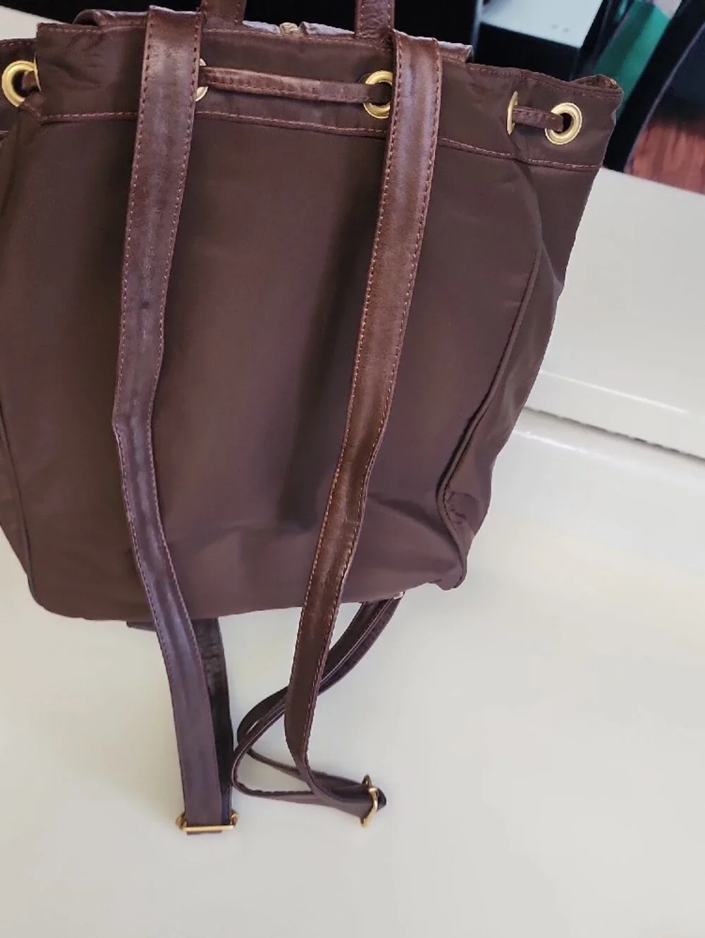 Saks Fifth Avenue Brown Nylon & Leather Drawstring Backpack